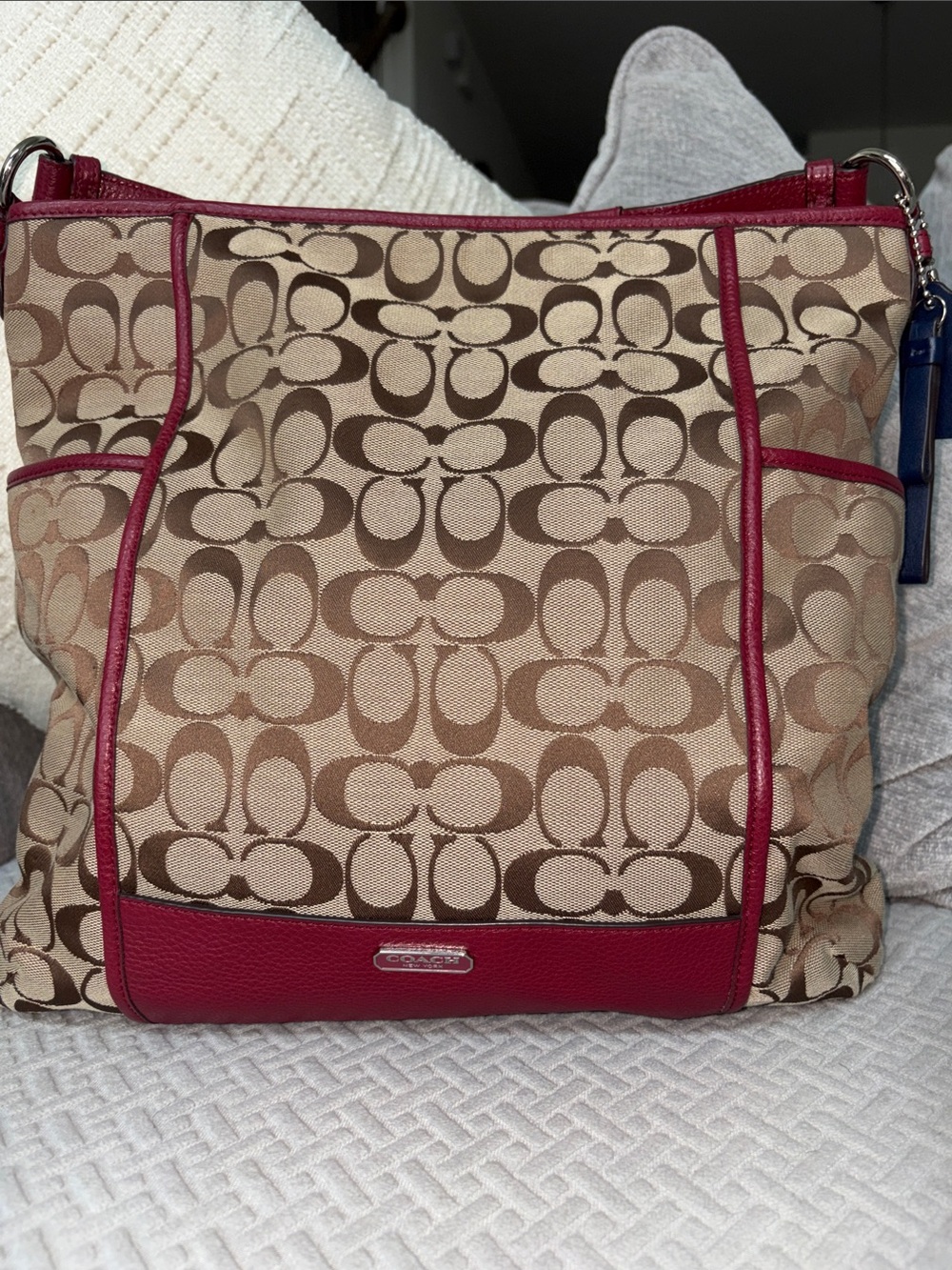 Coach Beige Signature Canvas Tote with Burgundy Trim